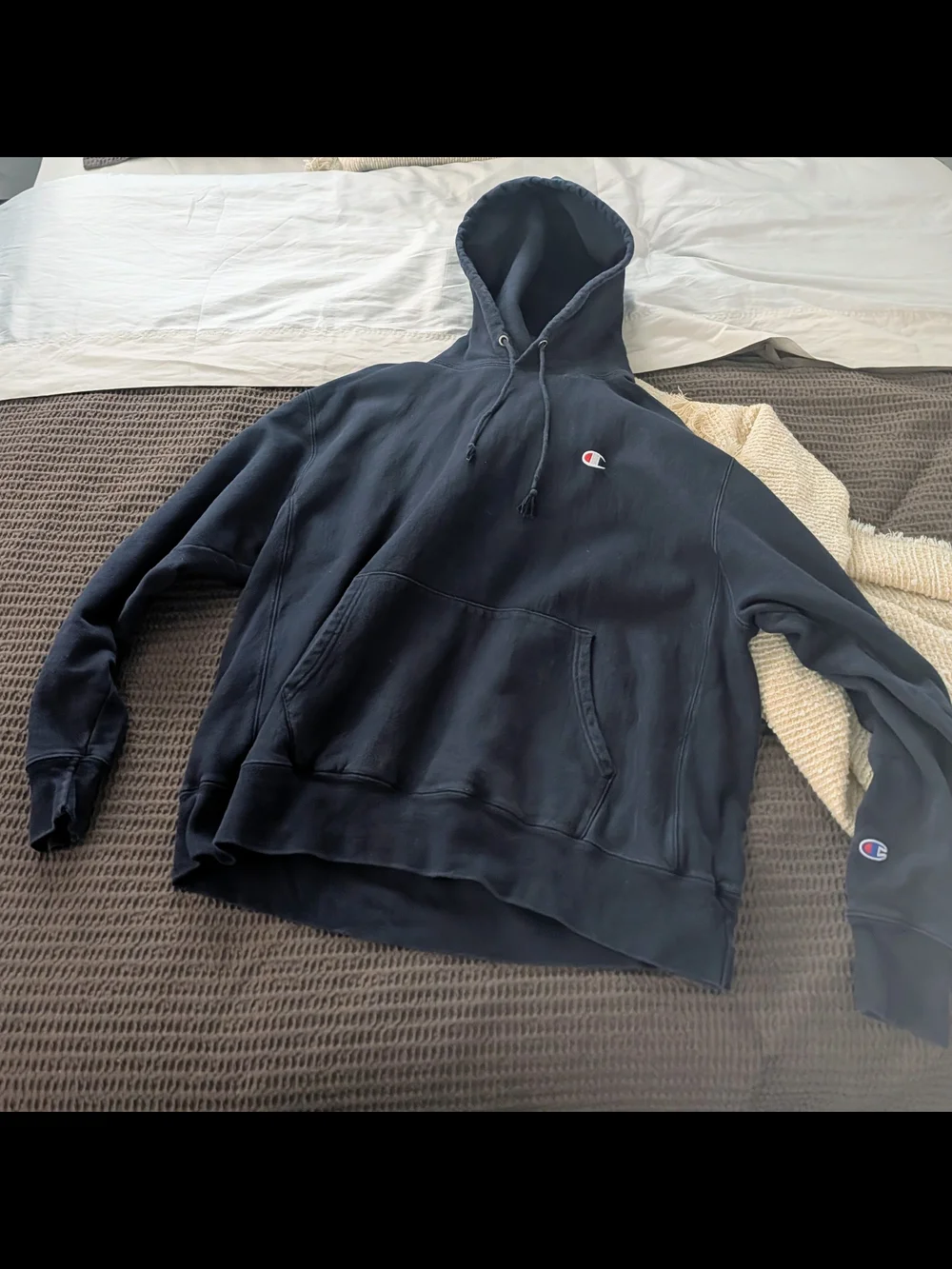Champion Navy Blue Pullover Hoodie Crewneck (Heavyweight) (Frayed Strings)